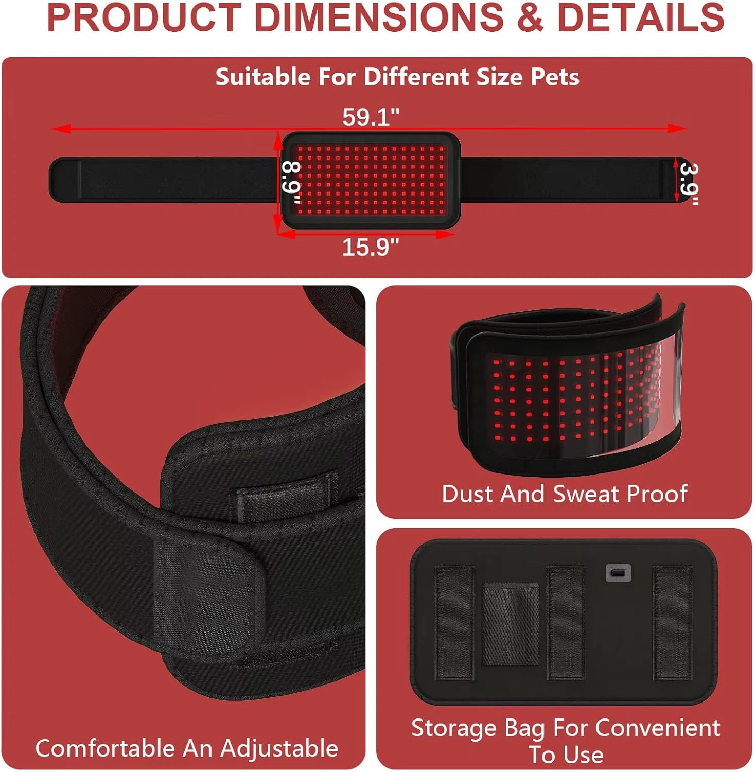 Red Light Therapy Belt for Animals Joint Pain Skin Disease 660Nm 808Nm 384 Diodes Cold Laser Therapy Device for Pets Pain Relief